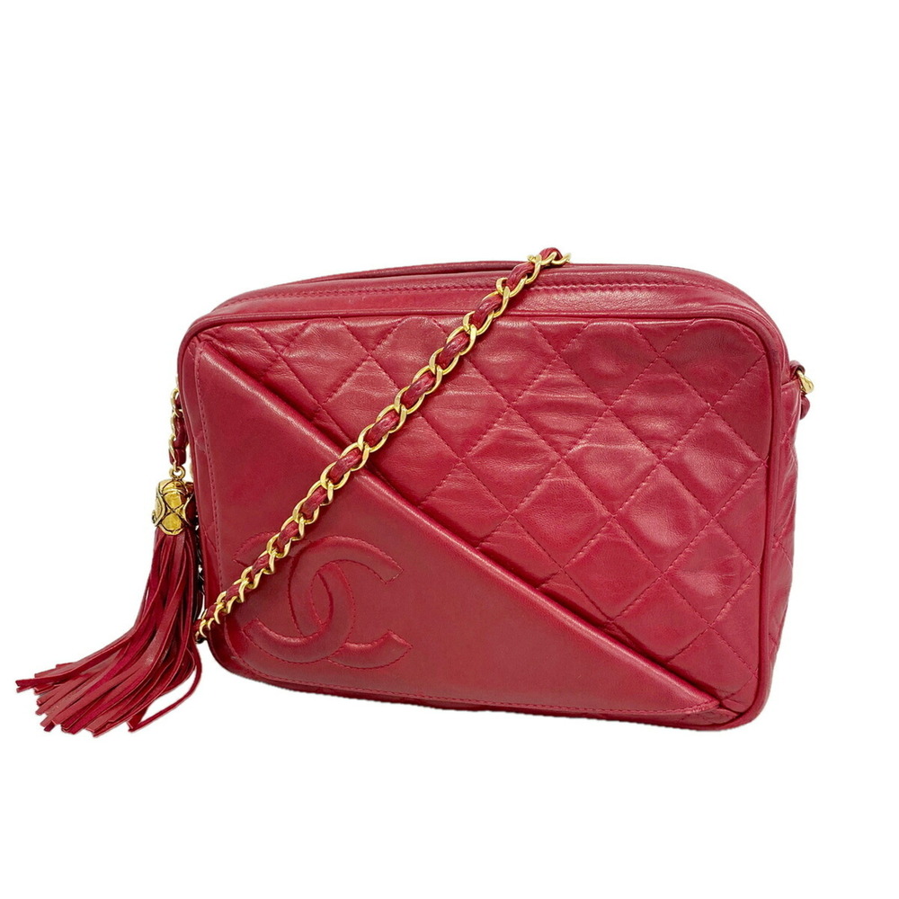 Chanel Matelassé Shoulder Bag with Chain Strap, Lambskin, Red, Women's